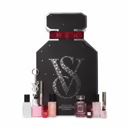 Makeup set with various products on a white background